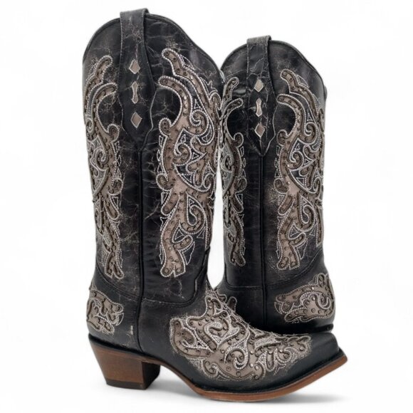 Corral Women's Size 7 Black Dual Tone Inlay Intricate Embroidery Western Boots - Picture 7 of 15